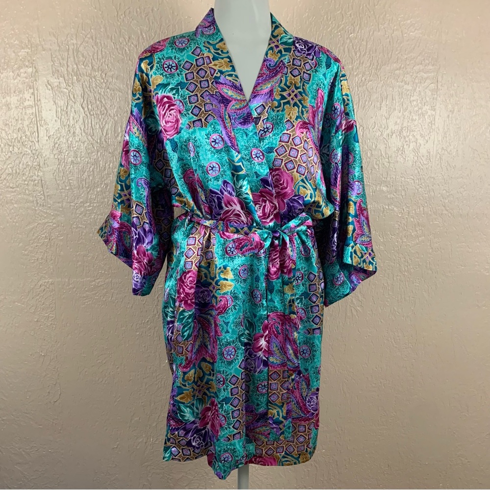 Vintage Colorful Floral Printed Silk Kimono Style Robe